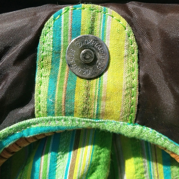 EUC, Colorful stripe bag with wicker handle, green, aqua, brown - Picture 5 of 5